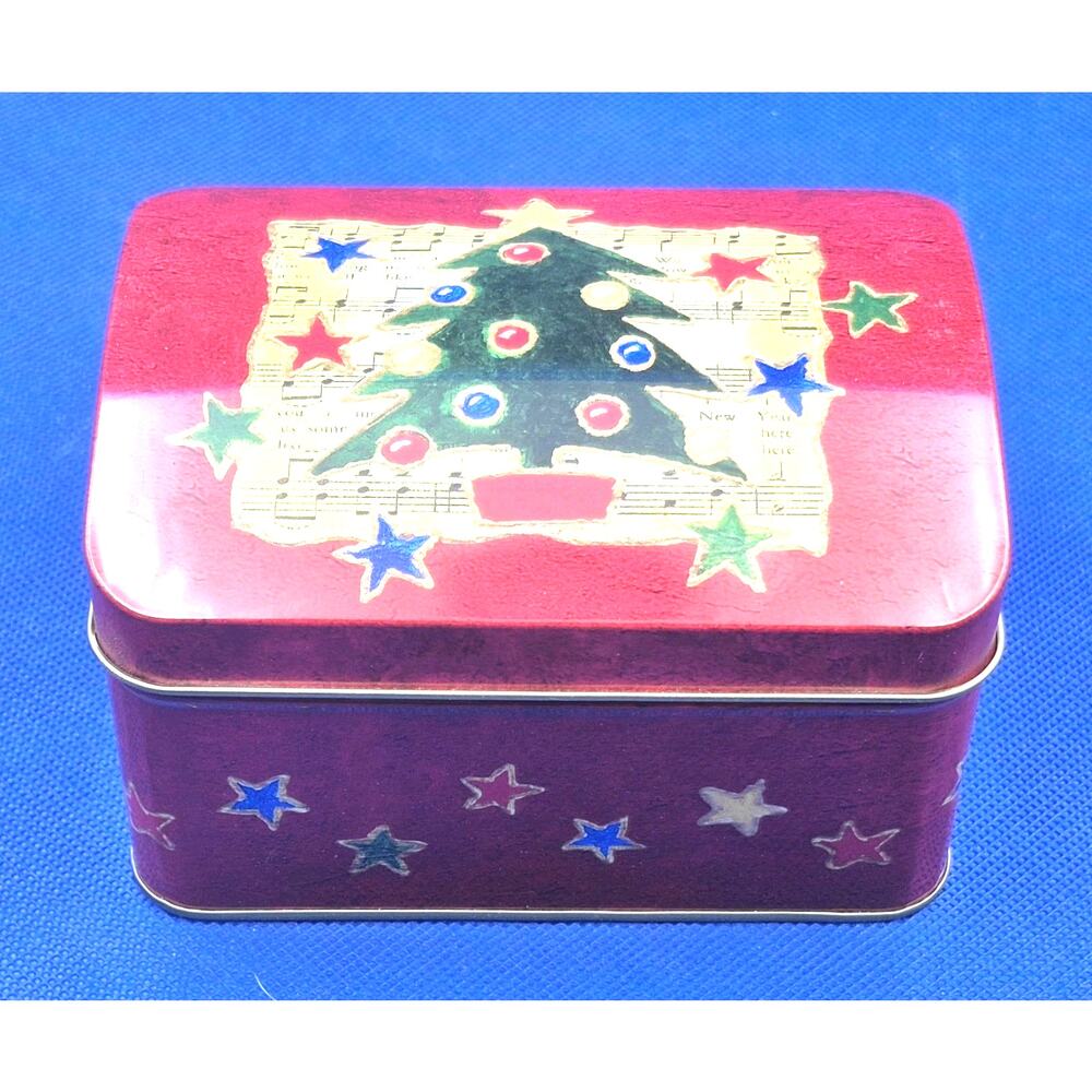 Small Red Hinged Tin Christmas Tree Stars Curved Top 5x3"